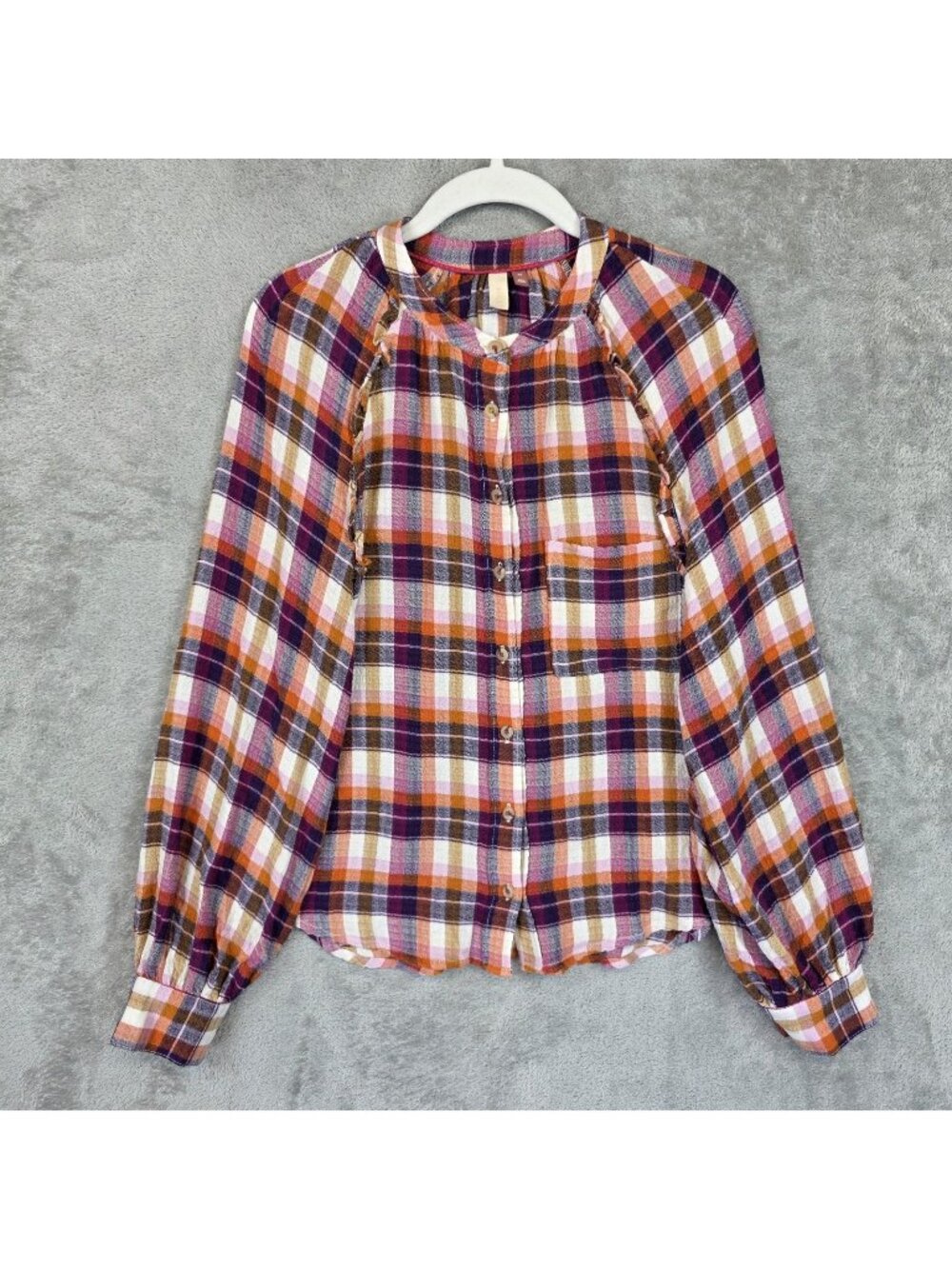 Pilcro Blouse Womens Size XS Multicolor Plaid Raglan Sleeve Ruffle Top